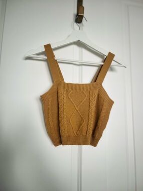 Cable-Knit Square-Neck Cropped Tank Top - Mustard Brown
